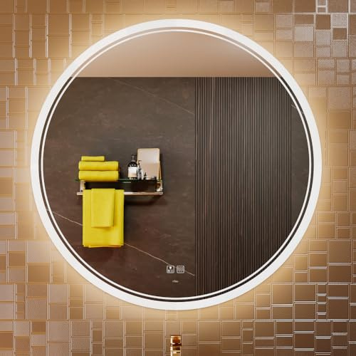 KWW Großer Moderner LED Runder Badezimmer-Eitelkeitsspiegel, Farbtemperatur Einstellbar, Anti-Nebel Dimmbare Lichter, Horizontaler/Vertikaler Wandspiegel (100 x 100 cm)