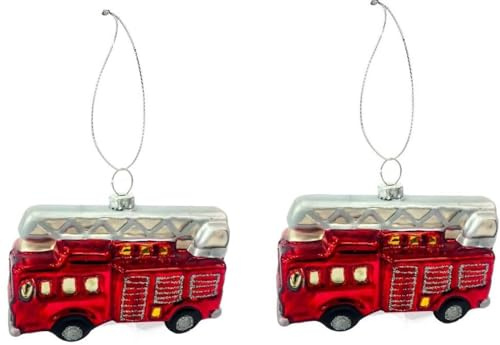 2 Stück Feuerwehrautos zum Hängen 8,4cm Glas Weihnachtsanhänger Geschenkanhänger Dekoanhänger Weihnachtsbaumanhänger