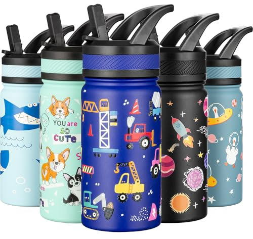 Fanhaw 420 ml Kids Insulated Water Bottle with Straw - Stainless Steel Double Wall Vacuum Cup, Leakproof, BPA Free, Suitable for Boys and Girls(Blue - Under Construction)
