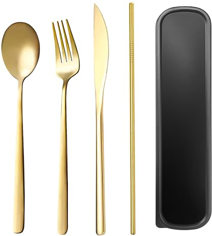 SUOXU Cutlery Set with Case,Stainless Steel Flatware Set 4-Piece Set:Knife Fork Spoon Straw,Dishwasher Safe,Long Handle Suitable for Outdoor Picnic Camping Travel Office School Lunch Black Box Cutlery