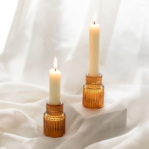 Romadedi Glas Kerzenhalter Kerzenständer für Stabkerzen - 2er Set Klein Stabkerzenhalter für Hochzeit Tischdeko Herbst Deko Esstisch Party Weihnachten Advent Wohnzimmer Vintage, Braun