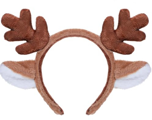 JIEYAO Serre-tête en bois de renne de Noël, accessoires mignons en forme de cerf pour cosplay, costume de renne, bandeau moelleux et réaliste pour fête de Noël (marron)