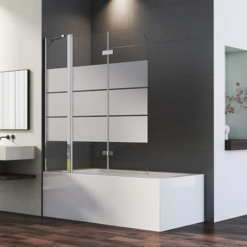 Duschwand für Badewanne 150 x 140 cm 3-teilig Faltbar mit festem Segment Badewannenaufsatz, Gestreift Glas Duschabtrennung Trennwand 6mm EGS Sicherheitsglas, 150cm Badewannenwand