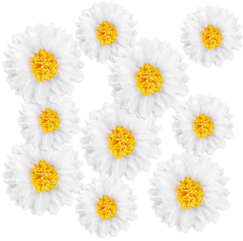 10 PCS Daisy Tissue Paper Pom Poms, Flower Hanging Decorations, Daisy Party Decorations, Paper Flowers for Graduation Cap, Daisy Tissue Paper Flowers for Party Decoration, White and Yellow