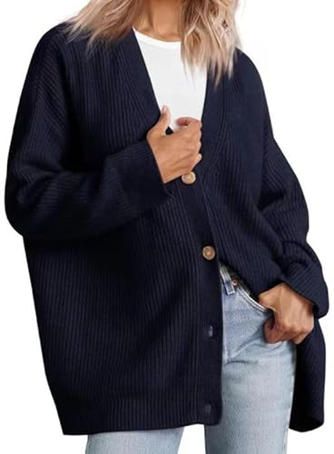 TANMESSO Women's Oversized Cardigan Sweaters 2025 Open Front Button V Neck Soft Knit Fall Outwear (Navy Blue,2XL,XXL,Regular,Regular)
