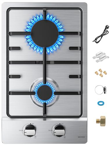 WEHIMO Piano cottura a gas a 2 fiamme, in acciaio inox, 30 cm, 3700 W, 2 zone di cottura (2700 W+1000 W), piano cottura a gas Domino per gas propano e gas naturale, adatto per tutte le pentole