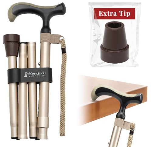 Merry Sticks Bastones plegables y ligeros para caminar para mujeres y hombres, bastón ajustable y plegable para personas mayores, mango ergonómico antideslizante con 1 punta de repuesto extra – Oro