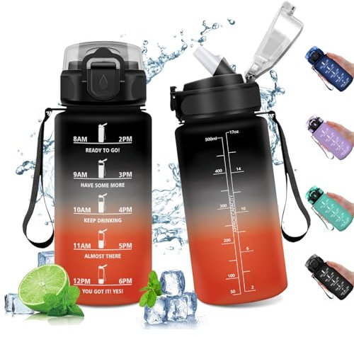 500 ml motiverande vattenflaska med sugrör, läckagesäker vattenflaska, återanvändbar, sportflaska med motiverande tidsmarkör, för barn, sport