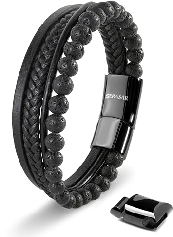 SERASAR Bracelets pour Hommes Cuir Noir Bracelet en Chaîne de Bras Tressé Onyx Pierre Lave Leather