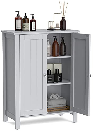 COSTWAY Badezimmerschrank Beistellschrank, Kommode Sideboard mit Doppeltür und Verstellbarer Einlegeboden, Aufbewahrungsschrank Holz, Badschrank Küchenschrank, 60 x 30 x 80,5 cm (Grau)