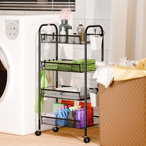 Roadoor Chariot de Rangement à roulettes 360° en Métal, Design Empilable avec Panier en Maille, Organisateur pour Fruits, Légumes, Cuisine, Salle de Bain, Panier de Rangement Pratique 4 Niveaux