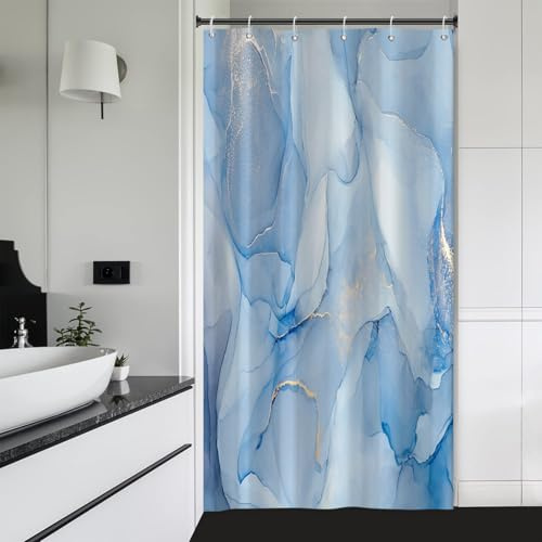 Ttincceer 90x183cm Stretta Tenda Doccia Blu Chiaro Marmo Piccola Mezza Dimensione Stalla Tende da Bagno Mezza Stretta Camper RV Arredamento Bagno con Ganci Impermeabile
