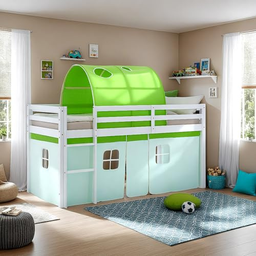 Homestyle4u Hochbett 90x200 Weiß & Grün - Massivholz Kinderbett mit Leiter | Robustes Kiefernholz, inklusive Betttunnel & Stoffumrandung aus Baumwolle, flexibler Rausfallschutz für das Kinderzimmer