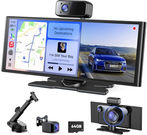 Avylet 10,26 60FPS CarPlay Display mit 4K/1080P 3-Kanal-Videoaufnahme, kompatibel mit Apple CarPlay/Android Auto, 64GB Karte, OTA-Updates, GPS, Mirror Link, Sprachsteuerung, Bluetooth/AUX/FM