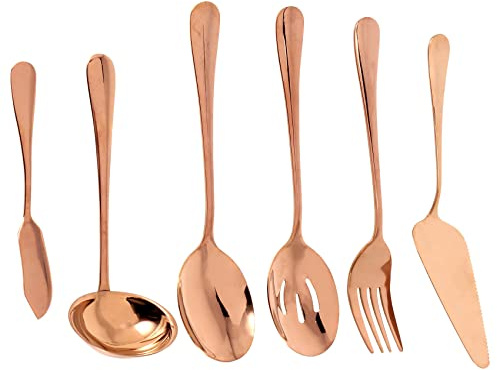 Fuhjythy 6-Piece Serving Flatware Silverware Set, Serving Utensil Set,Include Cake Server, Slotted Serving Spoon Rose Gold