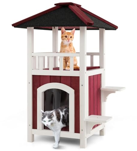 FANTASK Katzenvilla draußen Winterfest, Katzenhütte Holz für Katzen, atzenhaus mit 2 Etagen, Katzenhöhle mit Terrasse & Asphaltdach & Vorhang & 2 Sprungtürmen, 58 x 50 x 87 cm