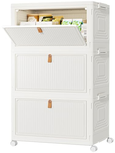 HOMIDEC Scatole Plastica con Coperchio e Ruote, Scatola Portaoggetti Pieghevole, Cassettiera Plastica, 33 L, 3 Unità, Adatto per Riporre Snack, Giocattoli, Libri, Vestiti, Bianco Crema