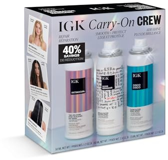 IGK Must Have Travel Kit Holiday 2025 – Includes GOOD BEHAVIOR Smoothing Spray, DISCO DISCO Shine Spray & ANTISOCIAL Dry Hair Mask – TSA Approved Travel Size Hair Essentials
