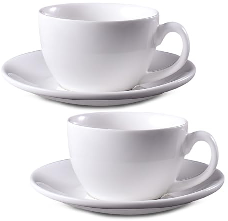 Set di 2 tazze da cappuccino con piattino, grandi tazze da caffè espresso in ceramica, con piattino bianco, eleganti tazze da tè, adatte al microonde, lavabili in lavastoviglie, per caffè, regalo di