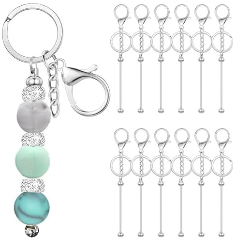 YOYEAH 12 Stück DIY Perlen Schlüsselanhänger zum Selber Machen, Metall Rohlinge Schlüsselanhänger Streifen mit Karabiner für Schmuckherstellung, Basteln Keychain Set