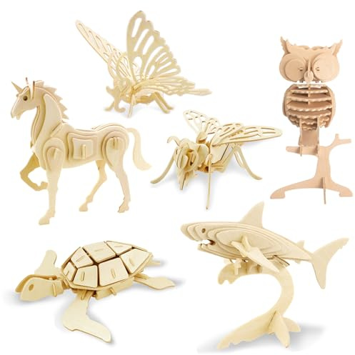 Georgie Porgy 3D Holzpuzzles DIY Modelle Kits für Kinder Dinosaurier Flugzeug Holzhandwerk BAU Spielzeug 6 Stück (Biene Schmetterling Einhorn Eule Schildkröte Hai)