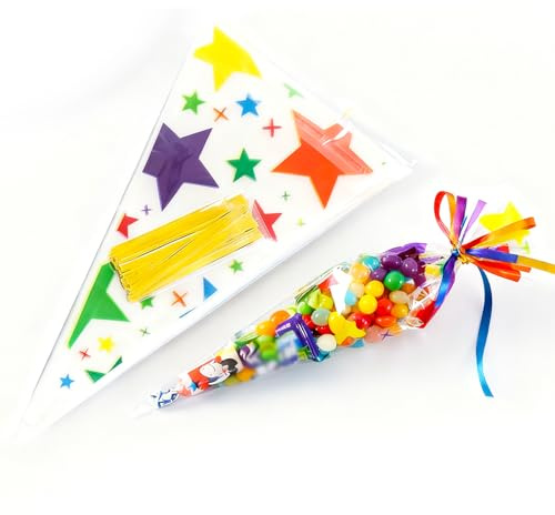 100 Stück Kleine Tüten für Süßigkeiten mit 100 Goldbändern (Stern) | Klarsichttüten Spitztüten Transparent, Geschenktüten Durchsichtig für Geschenkverpackung Kekse Party-Snacks und Konfekt