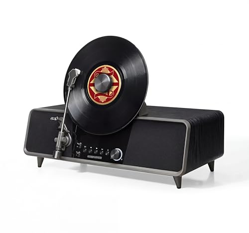 Steepletone Shoreditch Vinyl Record Player, Vertical Loading, Fully Automatic 2 Speed Turntable with High Power Built in Speakers, Bluetooth, AUX IN, Headphone & Remote Control, Black Wood Finish