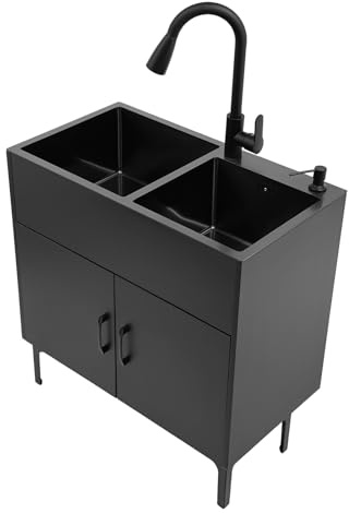 EGBNSY Lavandino da Esterno, 75x41x78cm Cucina Completa, Lavandino da Esterno con Mobile, 2 Vasche, Rubinetto Estraibile 30cm, Dispenser Sapone, Lavabo da Esterno per Cucine, Ristoranti e Garage(Nero)