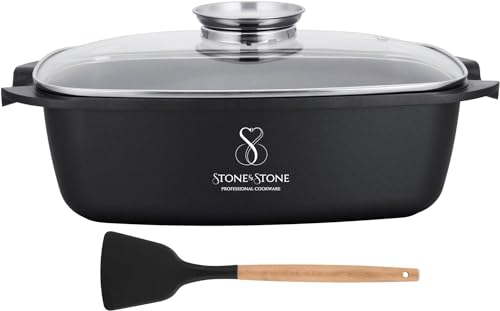 Bandeja Rectangular 32 cm gourmet con tapa de cristal placa antiadherente PROFESSIONAL stone extremely, fabricado con tecnología alemana horno de inducción de gas compatible, libre pfoa (32CM)