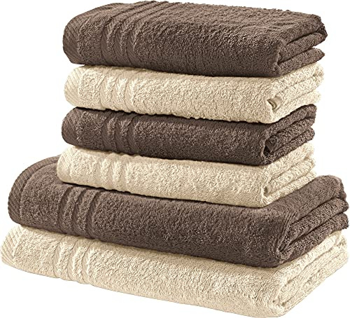 REDBEST Handtuchset, Frottierset New York 2-farbig 6-TLG. Taupe-Creme - leichte, weiche Qualität, saugstark, sehr strapazierfähig, 100% Baumwolle