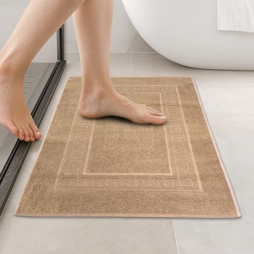 HomeLife Tapis de Bain Beige 60X90 cm - Tapis Salle de Bain Moderne en Coton & Polyester - Tapis de Douche Absorbant et Durable pour Lavabo, Baignoire et Douche, Lavable en Machine