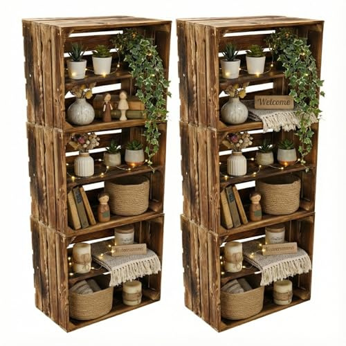 Teramico Cajas de Madera Maciza como zapateros/estanterías Ligeramente FLAMEADAS con Tablero intermedio (atornillado) Cajas para Manzanas