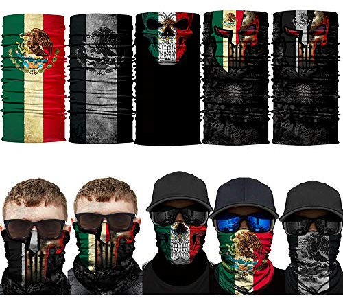 unbrand 5PCS Skull Face Scarf Tube Bandana Headband Headwear for Motorcycle Riding Biker Headband Skeleton Mexico Flag Neck Gaiter Scarf
