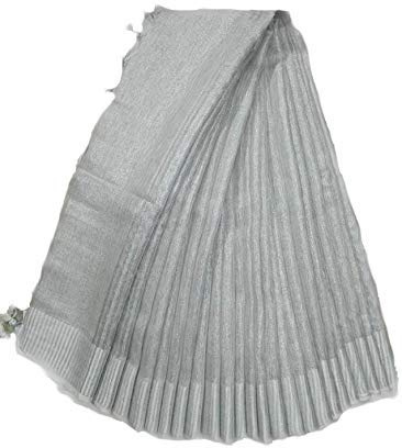 HAIDER ALI AND SONS ren vävnad linne etniska kläder sari för kvinnor (med blus), Silver, One Size
