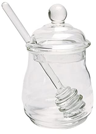 Cabilock Pot de Miel en Verre 280ml avec Cuillère Agitateur Anti-poussière, Récipient Transparent Élégant Cuisine et Service à Table