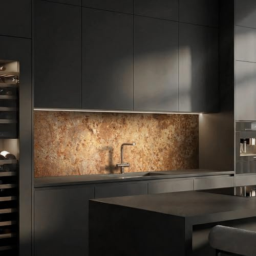 Dedeco Küchenrückwand mit Motiv: Rost V1, 220x60cm, 5mm PVC-Rückwand mit UV-Lack glänzend, Spritzschutz für Küchen – fugenlos, hitzebeständig, leicht zu reinigen, ohne Bohren, Made in Germany