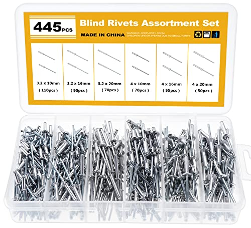 Knpwer 445 rivetti ciechi in alluminio con testa a cupola, rivetti pop con estremità chiusa, 6 misure, chiodi di fissaggio con estremità aperta, kit assortito di rivetti per estrazione