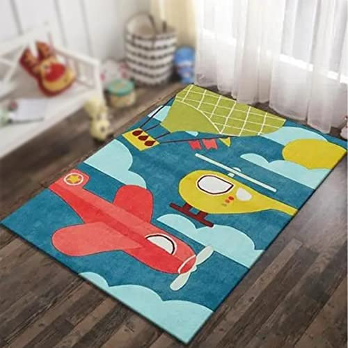 ARUGYTEI Teppich Kurzflor,140 x 230 cm,rot gelb grün, Flugzeug, Kinderzimmer, rutschfest, waschbarer Teppiche Orientteppich für Wohnzimmer Schlafzimmer Küche Sofa,