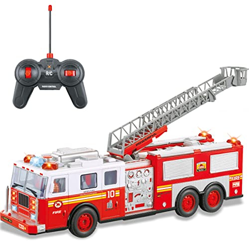 Liberty Imports RC Fire Truck - Big Remote Control Toy Fire Truck - 14 Rescue Fire Engine with Flashing Lights and Siren Sounds, Extendable Rescue Ladder for Kids