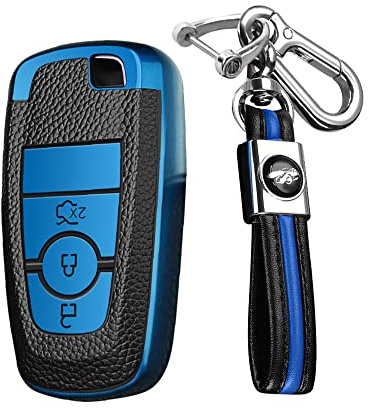 KUNIO Autoschlüssel Hülle Passt für Ford Mondeo Mustang Explorer EcoSport S-Max Ranger Fiesta F150 F250 TPU Leder-Textur Schlüsseletui Schlüsselanhänger Schlüsselschutz 3 Tasten Blau