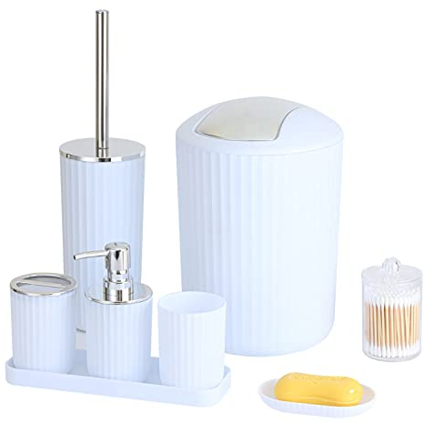 PITRAK 7-teiliges Badezimmer-Accessoires-Set, Lotionflaschen, Zahnbürstenhalter, Zahnbecher, Seifenschale, Toilettenbürste, Mülleimer, Wattestäbchen-Becher-Set (Kunststoff, Weiß)