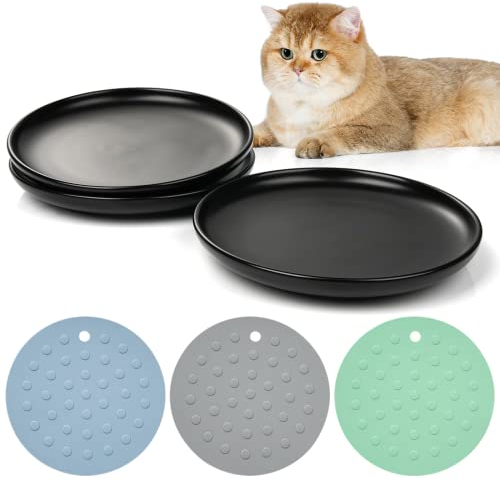 Keramik-Katzennäpfe, 3 Packungen, stressfreie Katzenfutterteller mit 3 rutschfesten Matten, breiter und Flacher Katzenfutternapf zur Linderung von Ermüdung der Schnurrhaare, für Katzen, Kätzchen