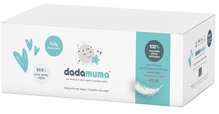 Dadamuma - 99.9% Pure Water Baby Wipes (12 x 60 Wipes), Gentle with Newborn Skin, Natural Ingredients, Allergy UK Approved, Plastic-Free, Biodegradable, Eco-Friendly (Unscented)