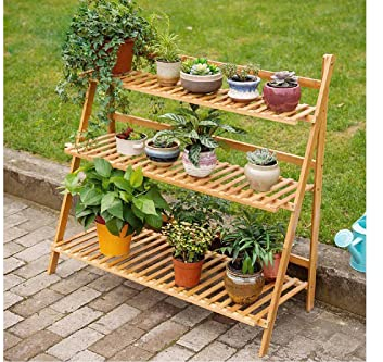 Siam Express 3 Tier Folding Bamboo Plant Stand Flower Pot Ladder Display Rack Indoor Hallway Living Room Dining Room Outdoor Garden Patio Balcony Decoration