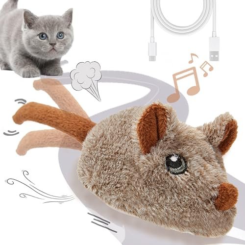 Vealind Katzenspielzeug Wiederaufladbare Maus mit Wackelschwanz, lebensechtes Quietschen Zwitschern Elektronische Mäuse für Indoor-Katzen, USB-Touch-aktiviertes Kätzchenspielzeug (Braun)