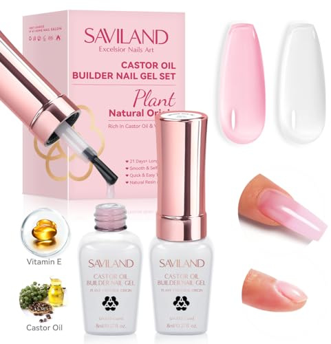 Saviland 2PCS Builder Gels For Nails: Castor Oil & Vitamin E Nails Builder Gels Kit Plant-Based Nail Strengthener Hard Gel BuilderGel in a Bottle Extensions Nail Repair(Clear&Pink)