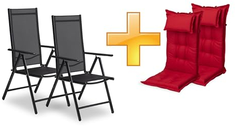 sunnypillow 2er Set Gartenstühle und Gartenstuhlauflagen Hochlehner | 120x50x9 cm Hochlehner Auflage wasserdicht UV-lichtecht | Klappsessel Klappstuhl für Garten Polsterauflagen Stuhlauflage | Rot