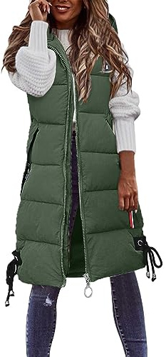 Damen Lang Weste Steppweste Winter Daunenweste Übergangsweste Warmer Daunenmantel Hooded Frauen Softshelljacke Mit Kapuze Leicht Ärmellos Jacke mit Reissverschluss Taschen Wintermantel Winterjacke
