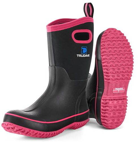 Trudave Rubber Boots for Women, Mid Calf Rain Boots, Womens Waterproof Boots, Neoprene Insulated Outdoor Work Mud Boots for Hunting Farming Gardening Fishing, Pink, Size 9