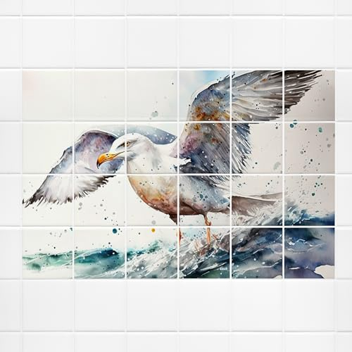 GRAZDesign Fliesenaufkleber Bad Möwe maritim Aquarell Fliesenbild selbstklebend Wandbild für Fliesen - 15x20cm / 92x61cm